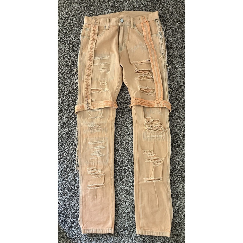 MNML D150 Orange Distressed Bondage Jeans Size 31 Street Grunge